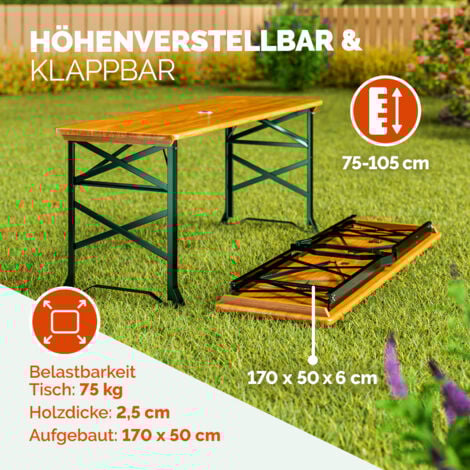 Table pliante en bois 170x50x75/105 cm hauteur réglable Table haute avec trou pour parasol Table de jardin pliable