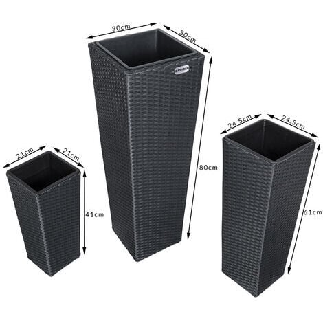 Set de 3 pots de fleurs bac à fleurs polyrotin pot intérieur amovible 3 couleurs résistant aux intempéries et UV design élégant intérieur et extérieur  Noir