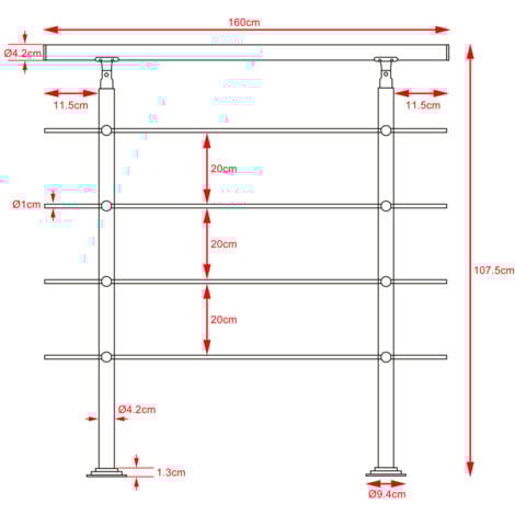 Rampe d'escalier 80/100/120/150/160 cm acier inoxydable main courante balustrade  4 traverses, 160 cm