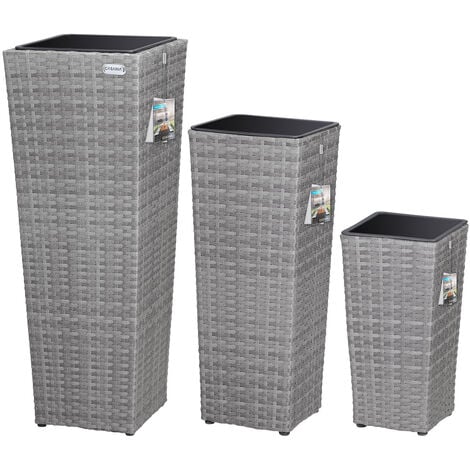 Set de 3 pots de fleurs bac à fleurs polyrotin pot intérieur amovible 3 couleurs résistant aux intempéries et UV design élégant intérieur et extérieur  Gris