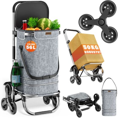 Monzana – Chariot de courses pliable 56L – Charge max 50 kg – Compartiment isotherme 5L – 6 roues avec roulement à billes – Tissu Oxford 600D gris