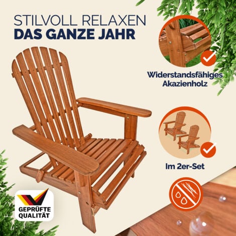 Casaria Chaise Jardin Exterieur Adirondack Lot de 2 Pliable Bois d’acacia Accoudoirs arrondis Jardin Terrasse Balcon