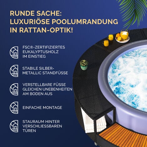 Casaria® Cadre bain à remous luxueux polyrotin Ø intérieur 206cm bois dur d’eucalyptus FSC® acier galvanisé habillage piscine contour de spa