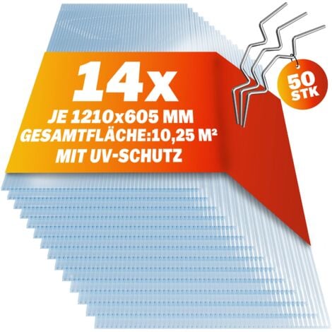 Set 14x plaques de polycarbonate 10,25m² 50x clips de vitrage pour serre de jardin acier inoxydable clips de fixation 4mm plaque alvéolaire à double paroi