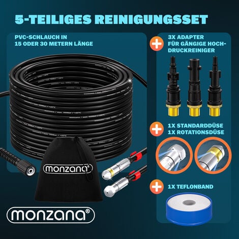 MONZANA® Tuyau déboucheur Premium set 15/30m 200 bar 3 adaptateurs 2 buses  compatible Kärcher