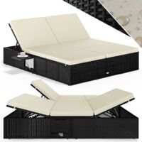 CASARIA® Chaise longue XL extrémités réglables bain de soleil 2 places polyrotin chaise d’extérieur confortable transat Noir crème