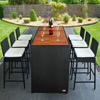 Bar de jardin 6+1 en polyrotin noir Ensemble table chaises Plateau de table en acacia Coussins inclus terrasse balcon