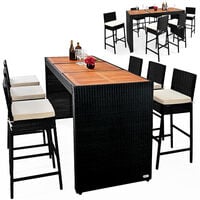 Bar de jardin 6+1 en polyrotin noir Ensemble table chaises Plateau de table en acacia Coussins inclus terrasse balcon