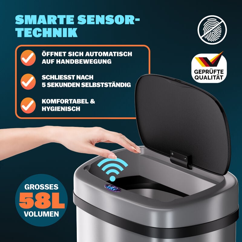 MONZANA® Sensor Mülleimer Küche 58 L Automatik mit Bewegungssensor  Soft-Close-Deckel Wasserdicht USB-Kabel Smarter Abfalleimer Müllbehälter