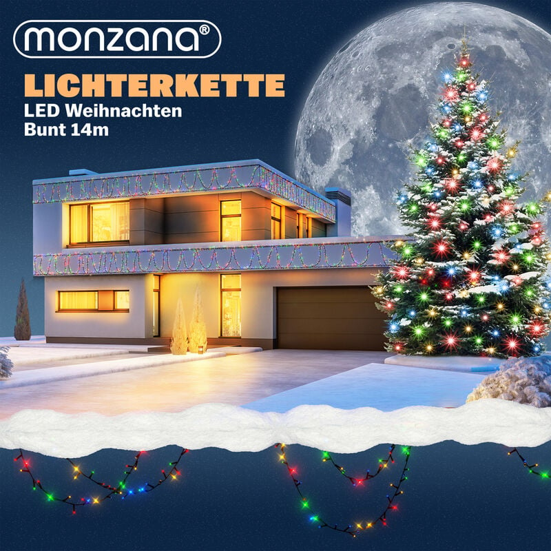 MONZANA® 700 LED Außen Weihnachtsbaum Beleuchtung Weihnachten mit Bunt Leuchtmodi Innen Außen Wetterfest 8 IP44 14m Timer Lichterkette Fernbedienung