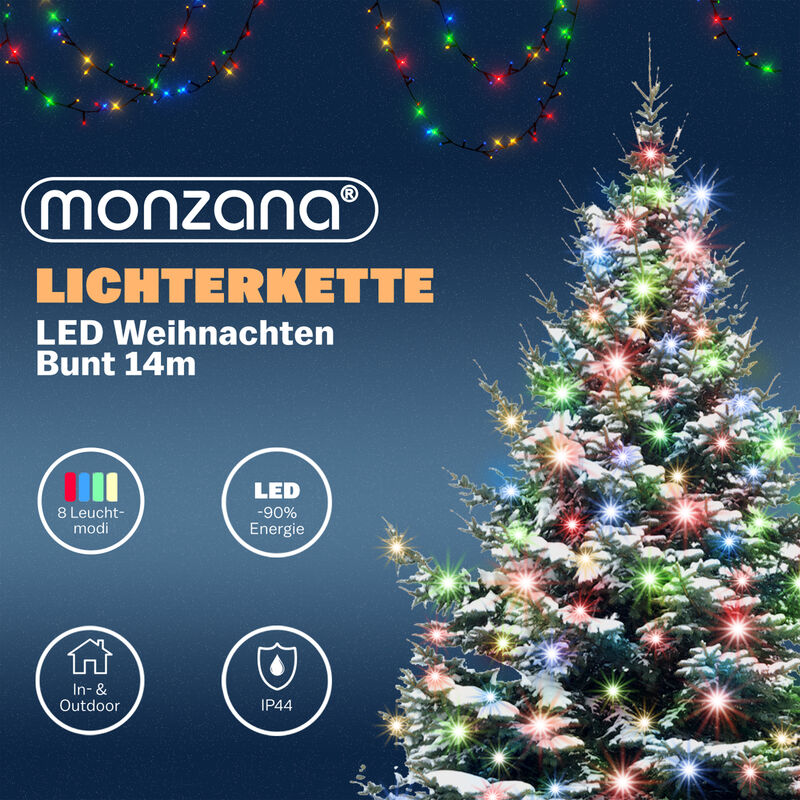 MONZANA® 700 LED 14m Leuchtmodi Lichterkette Außen Innen Timer 8 Beleuchtung Weihnachtsbaum Wetterfest IP44 Weihnachten Fernbedienung Außen Bunt mit