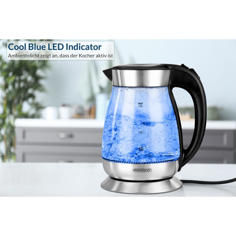 1,7L Basis Teekocher Wasserkocher Glas 360 Kabellos Küche Frei LED Edelstahl Überhitzungsschutz Grad Kalkfilter Monzana 2200W BPA