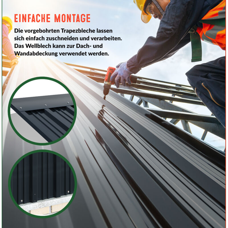Ikodm 12 X Trapezblech 129x46cm, 7m² Dachblech Profilblech, Verzinkt
