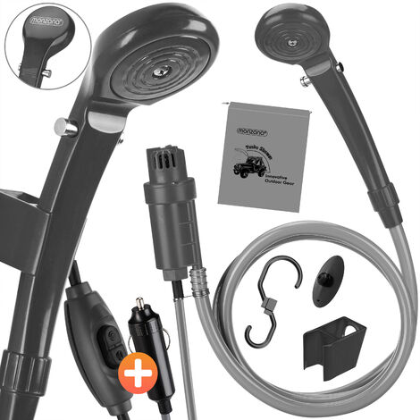 MONZANA® Campingdusche tragbar mit Pumpe 12V KFZ-Adapter Aufbewahrungstasche 2m Schlauch 5m Stromkabel Auto Hundedusche Gartendusche Dusche  anthrazit