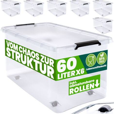 DEUBA® Aufbewahrungsbox transparent Stapelbox Ordnungsbox 30L 60L Deckel aufklappbar stapelbar Rollen BPA frei lebensmittelecht Box  6x 60L