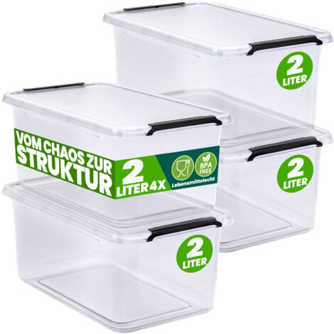 DEUBA® Aufbewahrungsbox mit Deckel verschiedene Größen Box Kunststoff Kisten lebensmittelecht BPA frei klein Klickverschluss transparent stapelbar Küche Schlafzimmer  4x 2L