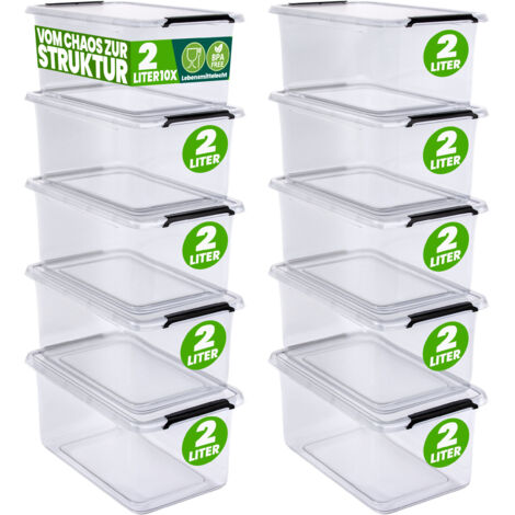 DEUBA® Aufbewahrungsbox mit Deckel verschiedene Größen Box Kunststoff Kisten lebensmittelecht BPA frei klein Klickverschluss transparent stapelbar Küche Schlafzimmer  10x 2L