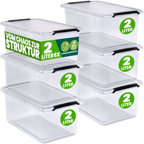 DEUBA® Aufbewahrungsbox mit Deckel verschiedene Größen Box Kunststoff Kisten lebensmittelecht BPA frei klein Klickverschluss transparent stapelbar Küche Schlafzimmer 6x 2L
