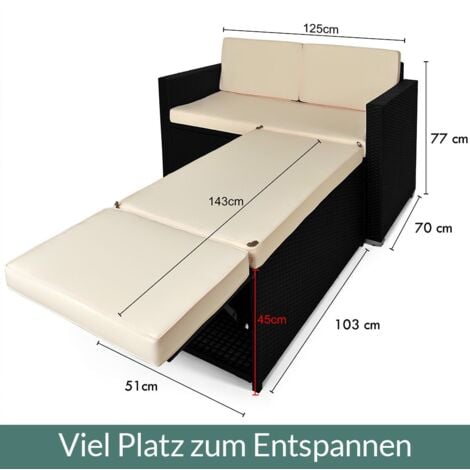 CASARIA® 2in1 Gartensofa mit Hocker Gartenmöbel Set 7cm Auflage 2 Sitzer 125x70cm Stauraum Ottomane Wetterfest Balkonmöbel Polyrattan Lounge Schwarz