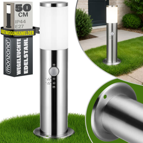 MONZANA® Außenleuchte Edelstahl 50cm Hoch IP44 Wetterfest E27 Fassung Garten Wegeleuchte Gartenleuchte für Außen silber mit Bewegungssensor
