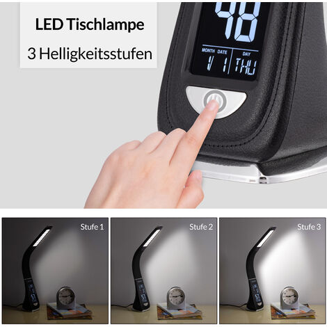 MONZANA® LED Schreibtischlampe Display Kalender Uhr Wecker Thermometer Dimmbar Nachttischlampe Tischlampe Tischleuchte Schreibtischleuchte  schwarz