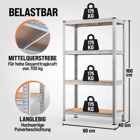 MONZANA® Schwerlastregal Befestigungsmaterial Kellerregal Lagerregal Steckregal Metallregal Werkstattregal  4 Böden - 160x90x40cm