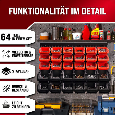 MONZANA® Wandregal mit Stapelboxen 64 tlg Box Starke Wandplatten Erweiterbar Werkstattregal Lagerregal Steckregal