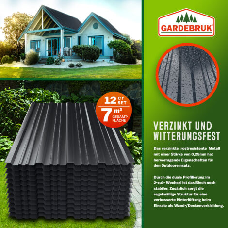 GARDEBRUK® 12x Trapezblech 129cm x 46cm = 7m² verzinkt Profilblech Dachblech Wellblechplatten Dachplatten Gerätehaus Carport Wellblech Anthrazit