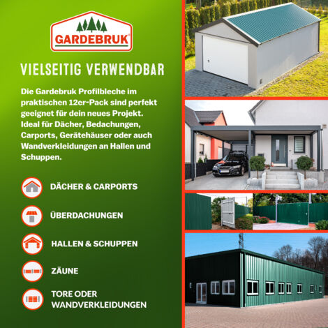 GARDEBRUK® 12x Trapezblech 129cm x 46cm = 7m² verzinkt Profilblech Dachblech Wellblechplatten Dachplatten Gerätehaus Carport Wellblech Grün