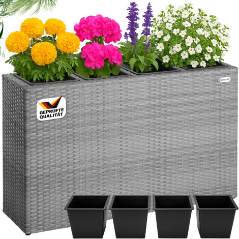 CASARIA® Blumenkasten 4 Innentöpfe Polyrattangeflecht Herausnehmbar Blumentopf Übertopf Pflanzkübel Pflanzkasten  Grau