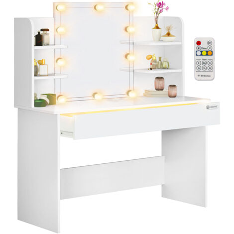 CASARIA® Schminktisch Lucia 140x110x40cm Spiegel Schublade LED Beleuchtung 3 Fächer Ablagen Schlafzimmer Frisiertisch Schminkkommode Make-up Holz Weiß 108x40x140cm weiß mit LED
