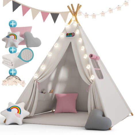 Spielwerk® Tipi Zelt Kinderzelt Indoor Spielzelt 130x130cm Set mit Bodenmatte Kinder Lichterkette Girlande Kissen Baumwolle Holz Tragetasche rosa