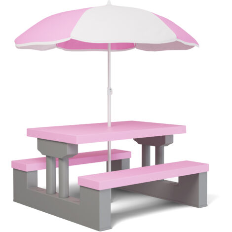 SPIELWERK Kindersitzgruppe Sonnenschirm UV Schutz Waschbar Wasserfest Abgerundete Ecken Outdoor Indoor Picknicktisch Kindertisch Garten Kindermöbel Rosa Grau