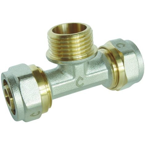 Té à visser pour tube Multicouche Ø20 -  Mâle 15/21 au centre :  Ø20 -M15/21-Ø20