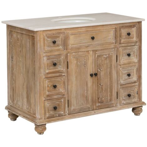 Made In Meubles – Meuble sous vasque simple en vieux pin et marbre blanc – Dimensions 86,5x110x60 cm – 8 tiroirs et 2 portes pour rangement optimisé (1/5)