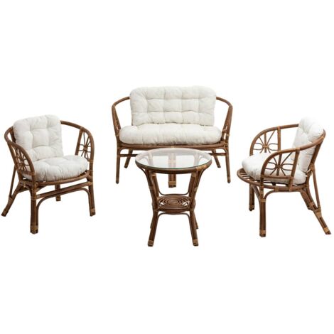 Made In Meubles – Salon de jardin en rotin 4 places – Canapé 2 places, 2 fauteuils, table basse en verre – Style bohème, structure en rotin bois foncé (1/5)