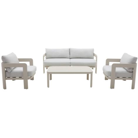 Made In Meubles – Salon de jardin en aluminium taupe 5 places – Canapé 2 places et 2 fauteuils – Résistant aux intempéries – Entretien facile (1/5)