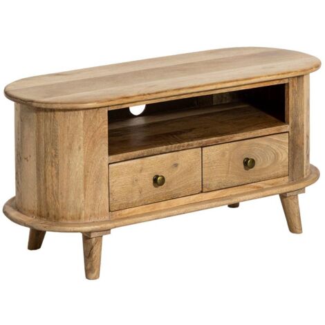 Made In Meubles – Meuble TV arrondi en bois de manguier – Dimensions 90x35x42cm – Style rétro avec niche ouverte et 2 tiroirs – Pour petits espaces (1/5)