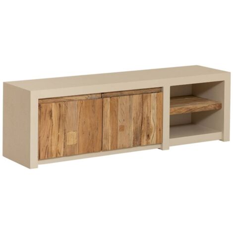 Meuble TV 2 portes et 1 étagère effet béton et bois recyclé Dalva (1/5)
