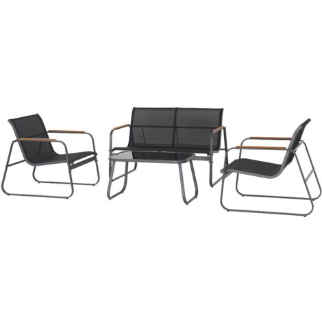 Made In Meubles – Salon de jardin gris Zohra – Ensemble 2 places avec accoudoirs bois – Structure aluminium et assises textilène – Table basse avec plateau verre (1/5)