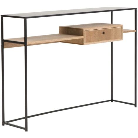 Made In Meubles – Console en bois et métal Ortense – Dimensions 86x120x30 cm – Double-plateau avec tiroir – Style industriel élégant