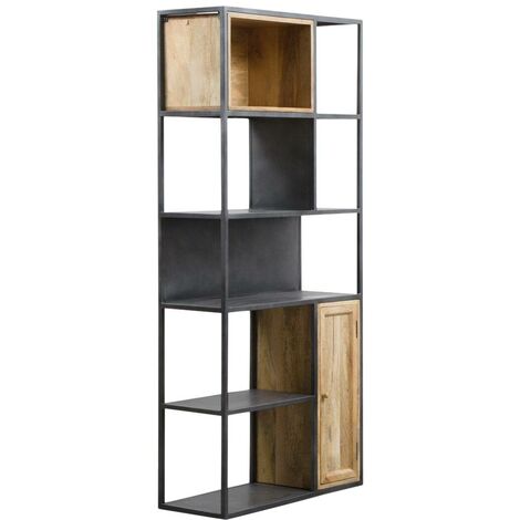 Made In Meubles – Bibliothèque en métal industrielle 185x85x33 cm – 5 étagères fixes – Bois de manguier naturel et métal – Rangement optimisé (1/5)