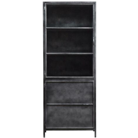 Made In Meubles – Vaisselier en métal gris 190x75cm – 4 étagères – Porte vitrée et métal – Effet patiné – Livré monté (1/5)