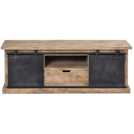 Made In Meubles – Meuble TV industriel en bois de manguier brossé et métal noir 150 cm – 5 niches et tiroir – Portes coulissantes sur rails en métal (1/5)