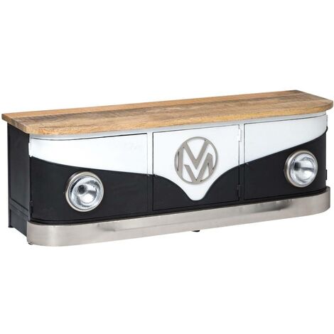 Made In Meubles – Meuble TV noir industriel en bois de manguier – 3 portes battantes – Dimensions 50x152x45cm – Design original avec étagère centrale (1/5)