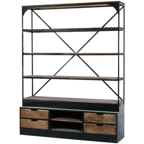 Made In Meubles – Bibliothèque en bois de manguier – Dimensions 209x155x50 cm – Style industriel – 5 étagères – Entretien facile avec chiffon doux (1/5)