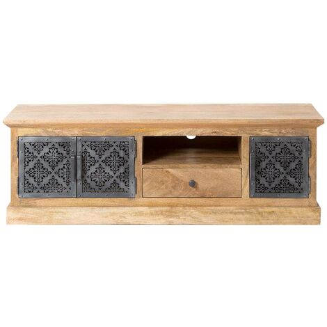 Made In Meubles – Meuble TV en bois de manguier Sahara – Dimensions 150 x 40 x 50 cm – 3 portes et 1 tiroir – Design bi-matière élégant (1/5)