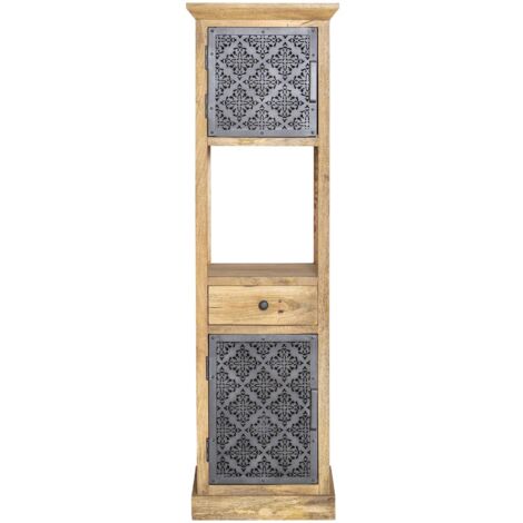 Made In Meubles – Colonne de salle de bain en manguier massif – 2 portes et 1 tiroir – Dimensions 170x50x45 cm – Finition métal ajouré (1/5)