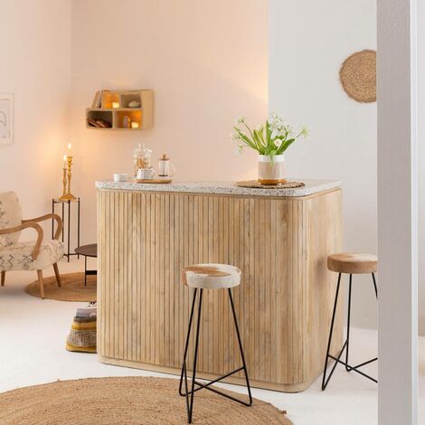 Meuble bar en angle bois de manguier et terrazzo Lou