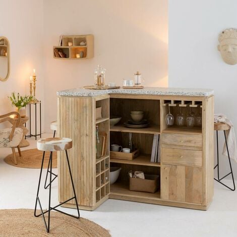 Meuble bar en angle bois de manguier et terrazzo Lou